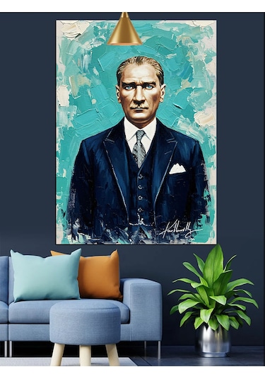 Mavi Fonlu Mustafa Kemal Atatürk Portresi Dekoratif Kanvas - Mdf Ahşap Tablo