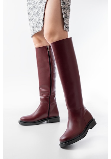 2024-3007 Bordo Fermuarlı Günlük Kadın Çizme Bordo