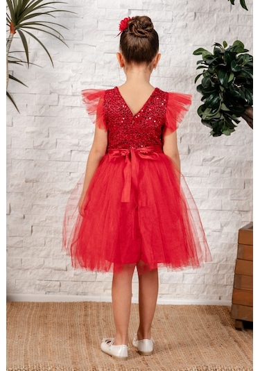 Tüllü Kız Çocuk Kpl Elbise Mnk0526 Kırmızı