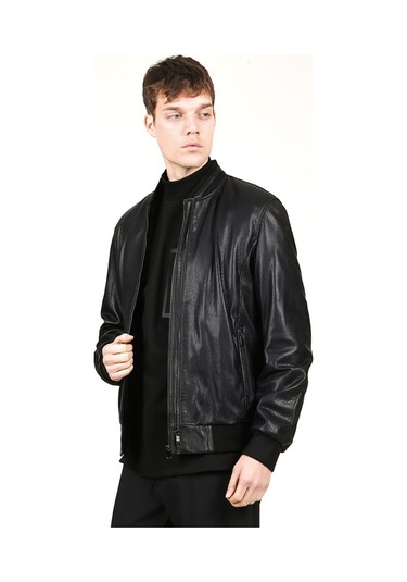 Dericlub Kolej Jumbo Gerçek Deri Erkek Mont-Siyah