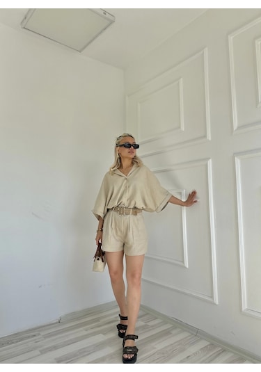 Keymoda Kadın Gömlek Şort Keten Takım Taş Rengi Taş Rengi