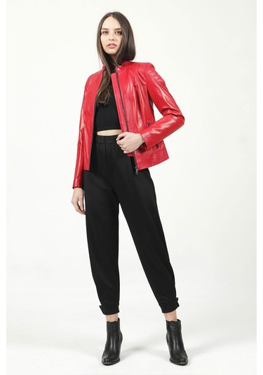 Dericlub Yb-2156 Gerçek Deri Kadın Mont Kırmızı