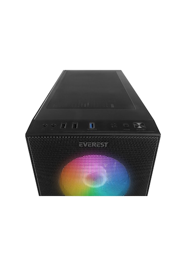 Everest Faced V5 600 W 4x12 CM RGB Fan ATX Temper Camlı Mid Tower Oyuncu Kasası Siyah
