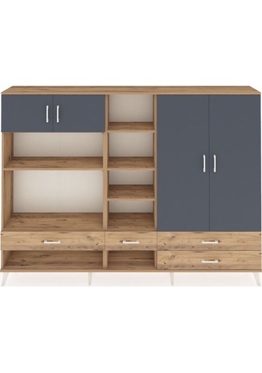 Arges Dolap 12 Raflı 4 Çekmeceli 4 Kapaklı 220x30x163 Çam-antrasi Çam-antrasit/çam
