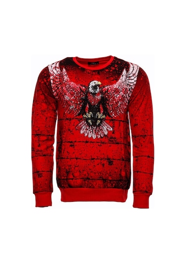 Wessi Kırmızı Baskılı Bisiklet Yaka Sweatshirt Kırmızı