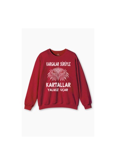 Kırmızı Sweat Kargalar Sürüyle Kartallar Yalnız Uçar Eagle Kartal Kışlık Erkek Sweatshirt Kırmızı