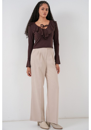 Kadın Uzun Kol Crop Bluz 979 - Kahverengi Kahverengi