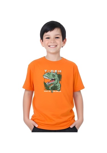 T-rex Baskılı Erkek Çocuk Kısa Kollu Tişört Turuncu