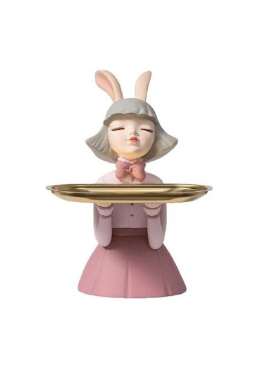 Opulentliving Sunttek Reçine Kız Figürü Dekoratif Kozmetik Tepsi Pembe Gece Kullanımı