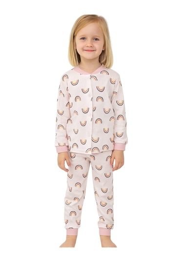 Gökkuşağı Desenli Kız Çocuk Pijama Takım Pudra
