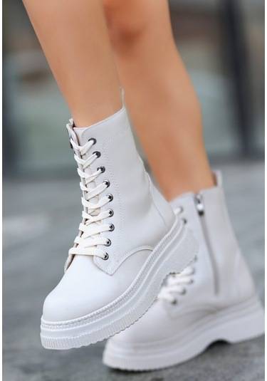 Rxn Bej Cilt Bağcıklı Suni Deri Yandan Fermuarlı İçi Pedli Bot Bej