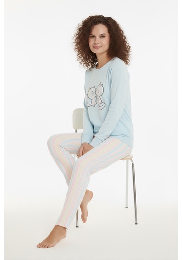 Luxury Thermal Gökkuşağı Kedi Desenli Kadın Polar Kışlık Pijama Takımı 42052 Çok Renkli