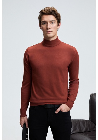 REBEL Erkek Yarım Balıkçı Yaka Basic Slim Fit Triko Kiremit Rengi Kazak