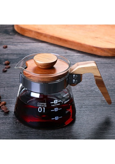 Isıya Dayanıklı Cezve, Cam Cezve, V60 Kahve Su Isıtıcısı, Ahşap Saplı Brewer Barista Süzgeç, 400ml