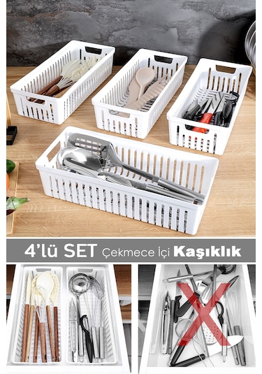4'lü Modüler Kaşıklık Seti - Mutfak Düzenleyici Çekmece İçi Organizer Bıçaklık Kepçelik Beyaz Beyaz