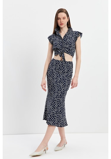 Stella Pulvis Lacivert Desenli Midi Etek Lacivert