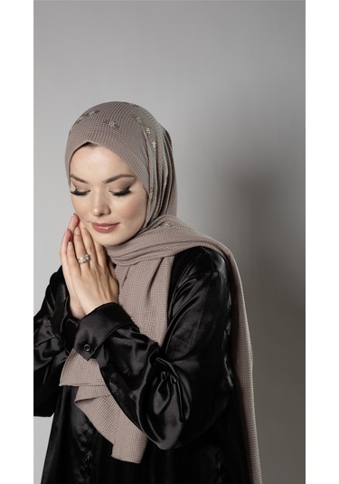 Vizon Pratik Hazır Geçmeli Tesettür Şal Örme Kumaş Taşlı Çiçek Desenli 2118c 10