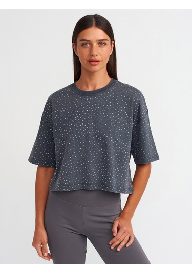 Dilvin Taş Baskılı Oversize T-shirt Antrasit