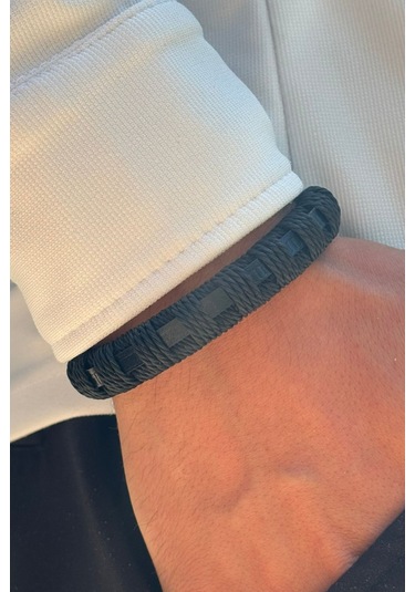 El İşçiliği İle Üretilmiş Hakiki Deri Erkek Bileklik Siyah