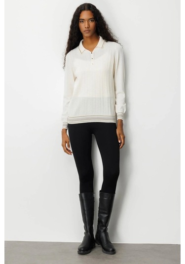 Desen Triko Polo Yaka Simli Çizgili Kadın Yün Bluz 25080d Ekru