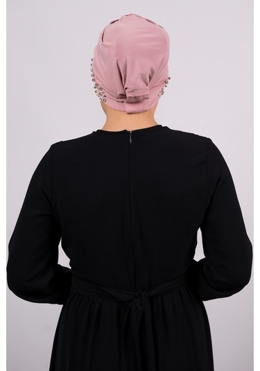 Pudra Pratik Hazır Geçmeli Tesettür Bone Sandy Kumaş Taşlı 1456_0 Pudra