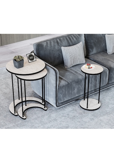 Alpa Ev Mobilya Ay 3 Lü Yuvarlak Zigon Sehpa Seti, Modern Metal Ayaklı C Model Şık Yan Sehpa Traverten