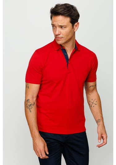 Erkek Polo Yaka Düğmeli Cepli T-shirt Kırmızı Kirmizi