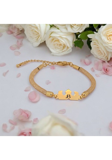 Archin B Harfine Özel Taç Motifli 14 Ayar Altın Plakalı Hasır Kordonlu Hediye Bileklik-461harf B