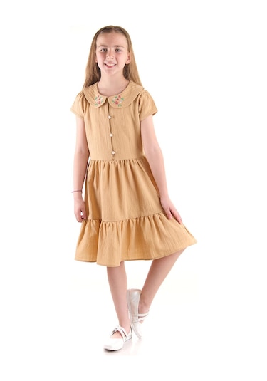 Ahengim Kız Çocuk Düğmeli Yaka Nakışlı Elbise Trend Pamuklu Pamuklu Ak2523 Kahverengi