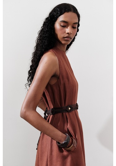 Keten Büzgülü Geniş Elbise Bakır Bakır