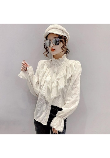 Moda Fırfır Vintage Bluz Kadınlar Zarif Uzun Kollu Dantel Gömlek Gevşek Şifon Gömlek Standı Yaka Pilili Blusas Tops 15832 Kayısı Açık Bej