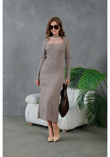 Kadın Bisiklet Yaka Tül Detay Maksi Boy Fitilli Triko Elbise Vizon