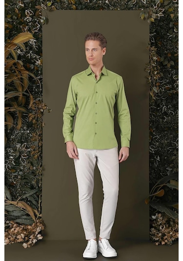 Gk 709 Slim Fit Açık Yeşil Klasik Gömlek Yeşil