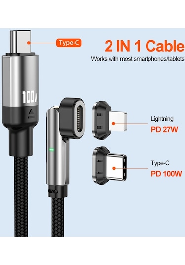 1m Usb-c - Type C / İp 2'si 1 Arada Pd 100w / 27w 180 Derece Dönüşlü Manyetik Şarj Kablosu