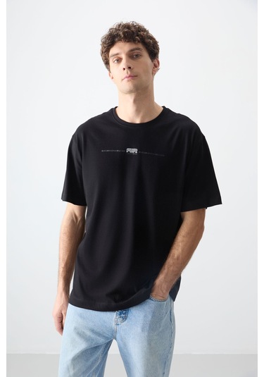 Tommy Life Siyah %100 Pamuk Kalın Yumuşak Dokulu Oversize Fit Baskılı Erkek T-shirt - 88357 Siyah
