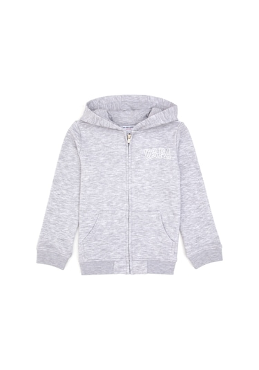 U.S. Polo Assn. Kız Çocuk Açık Gri Melanj Kapüşonlu Fermuarlı Basic Sweatshirt 50316837-VR091
