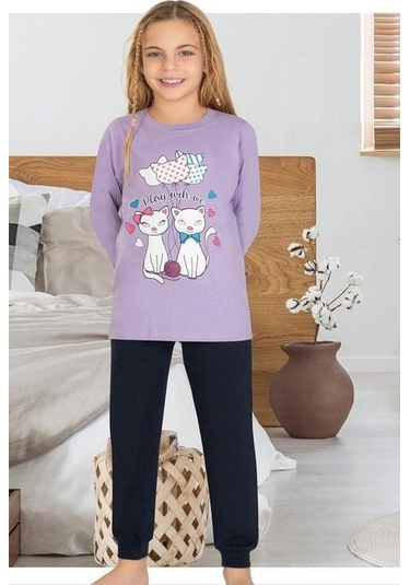 Kedili Desenli Uzun Kollu Kız Çocuk Pijama Takım Mor