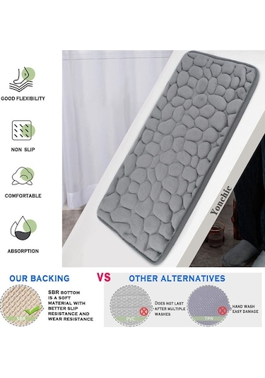Novahub Hafızalı Köpük Banyo Paspası, Süper Su Emici, Makinede Yıkanabilir, Kaymaz Halı, Yumuşak Taş Kabartmalı, Kalın Duş Zemin Banyo Paspası Gri Gri