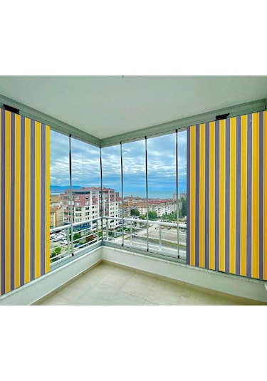 Ceylan Home Balkon Perdesi Bağcıklı Ölçü Seçenekli Sarı Gri Çizgili Antrasit