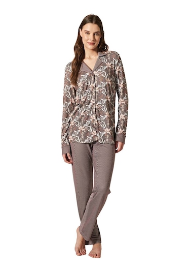 Pijadore Kadın Kahve Boydan Düğmeli Pijama Takım 1737 Kahve