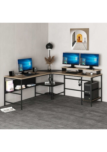 Minar Greta Rgb Led Işıklı L Köşe Çalışma Masası Dore Siyah