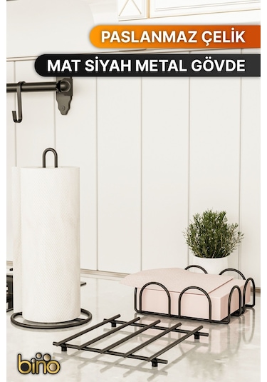 Bino Servis Sunum Seti Havluluk Peçetelik Nihale Paslanmaz Çelik Mat Siyah Metal 3 Lü Mutfak Seti