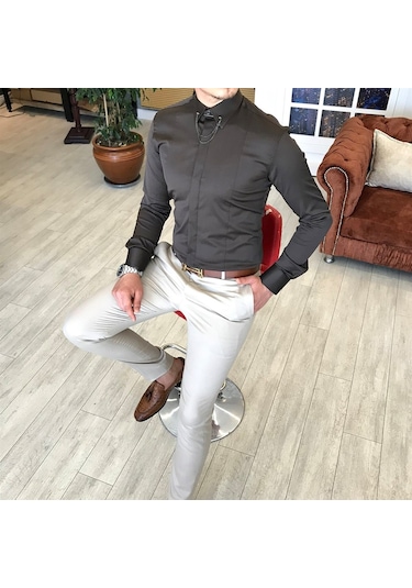 Italyan Kesim Slim Fit Erkek Saten Zincirli Gömlek Kahverengi T48