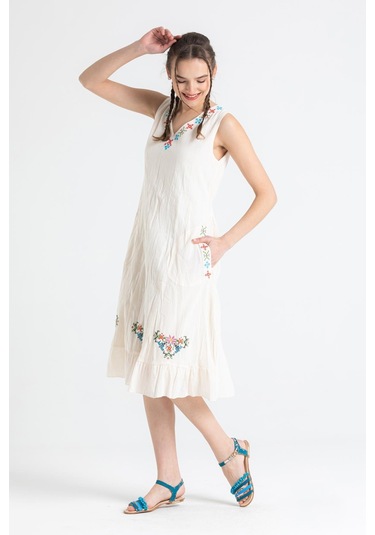 Kolsuz Şile Bezi Mehtap Midi Boy Elbise Krem Krm-krem