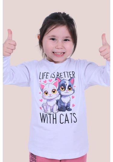 Life Is Better With Cats Baskılı Kız Çocuk Uzun Kol Beyaz Sweatshirt Beyaz