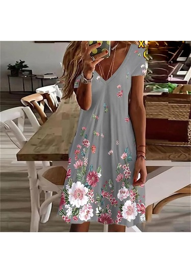 Gri Yaz Moda V Yaka Elbise Bayanlar Kısa Kollu Kırmızı Çiçekler Baskılı Elbise Gevşek Gündelik Elbise Kadınlar İçin