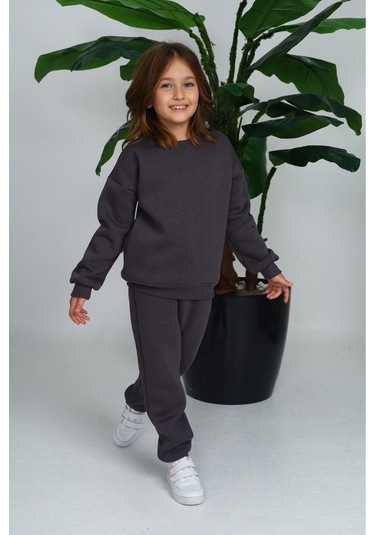 Üç İplik Cepli Bisiklet Yaka Alt Üst Takım Füme