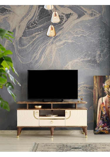 110 CM ART RAFLI MDF MEBRAN KAPAK TV SEHPASI PASİFİK CEVİZ - GOLD