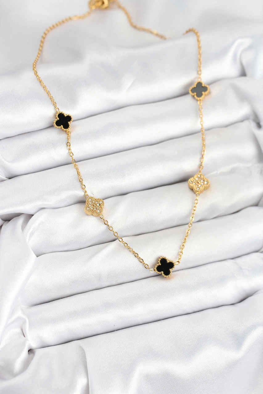 Dodes Dodes 316l Çelik Zincir Gold Renk Siyah Ve Zirkon Taşlı Baby Boy Yonca Kadın Kolye Tg27bko1059 Çok renkli