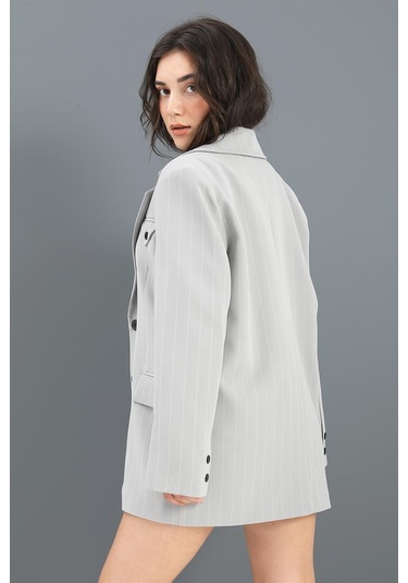 Blazer Ceket Çizgili Atlas Kumaş - Gri-gri Gri